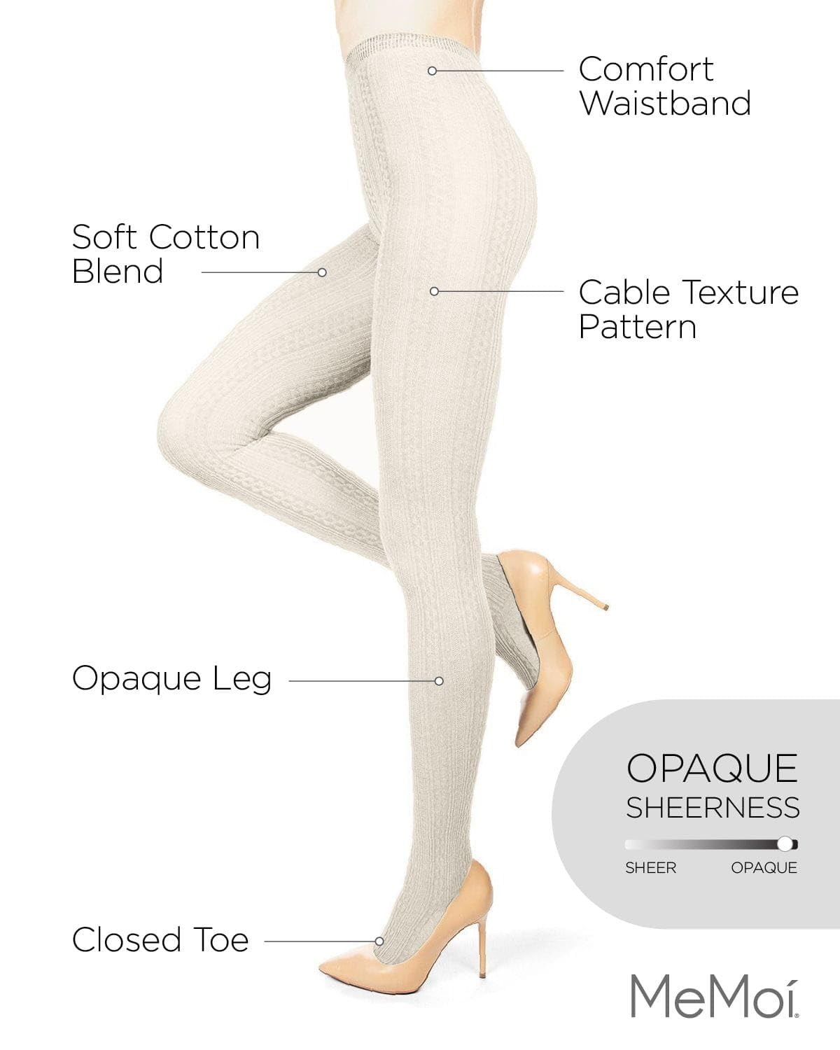 MeMoi Toronto Cable Cotton Tights for Women, Cozy and Breathable Warm Sweater Tights - Sizes S to XL, Winter White, Medium/Large - Medaid International