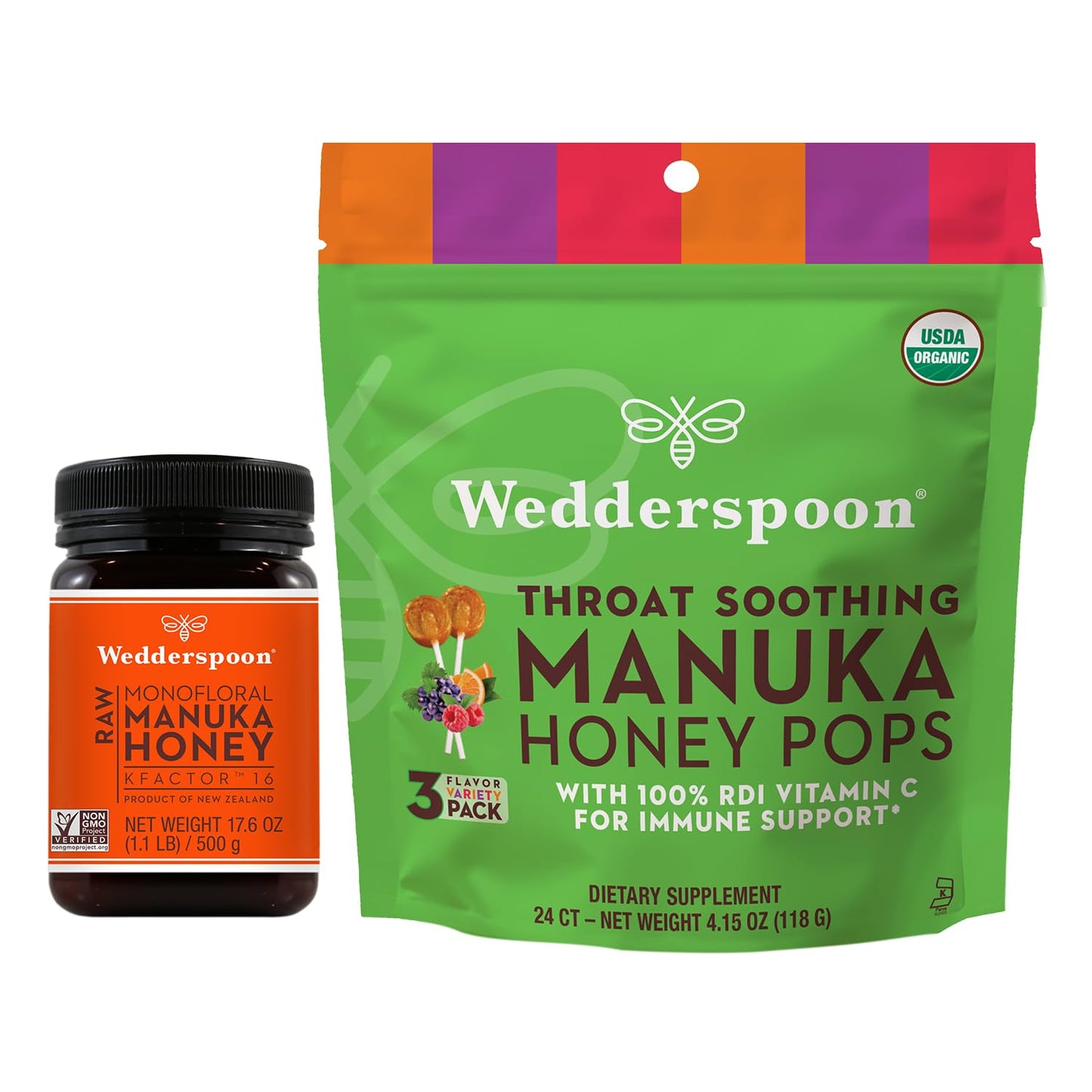 Bundle - Wedderspoon Raw Premium Manuka Honey KFactor 16 (17.6 Oz) and Manuka Honey Lollipops (24 Count) - Medaid International
