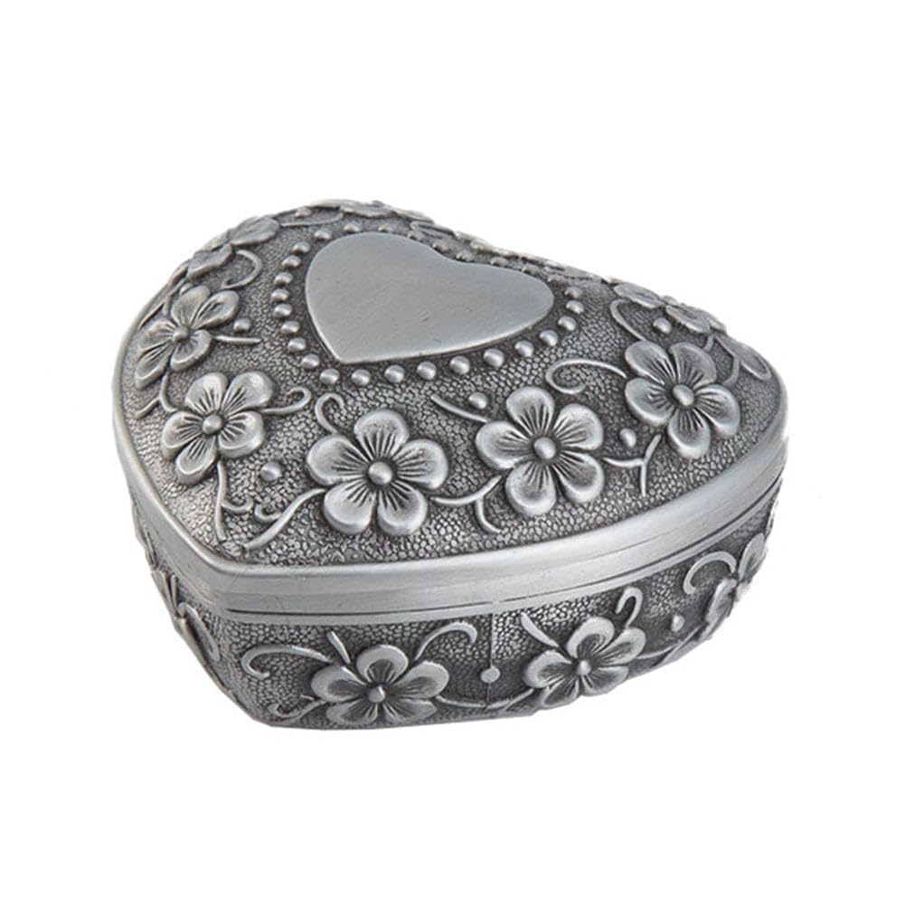 1PC Classic Vintage Antique Heart Shape Jewelry Box Ring Small Trinket Jewellery Storage Organiser Chest Christmas Gift, Silver - Medaid International