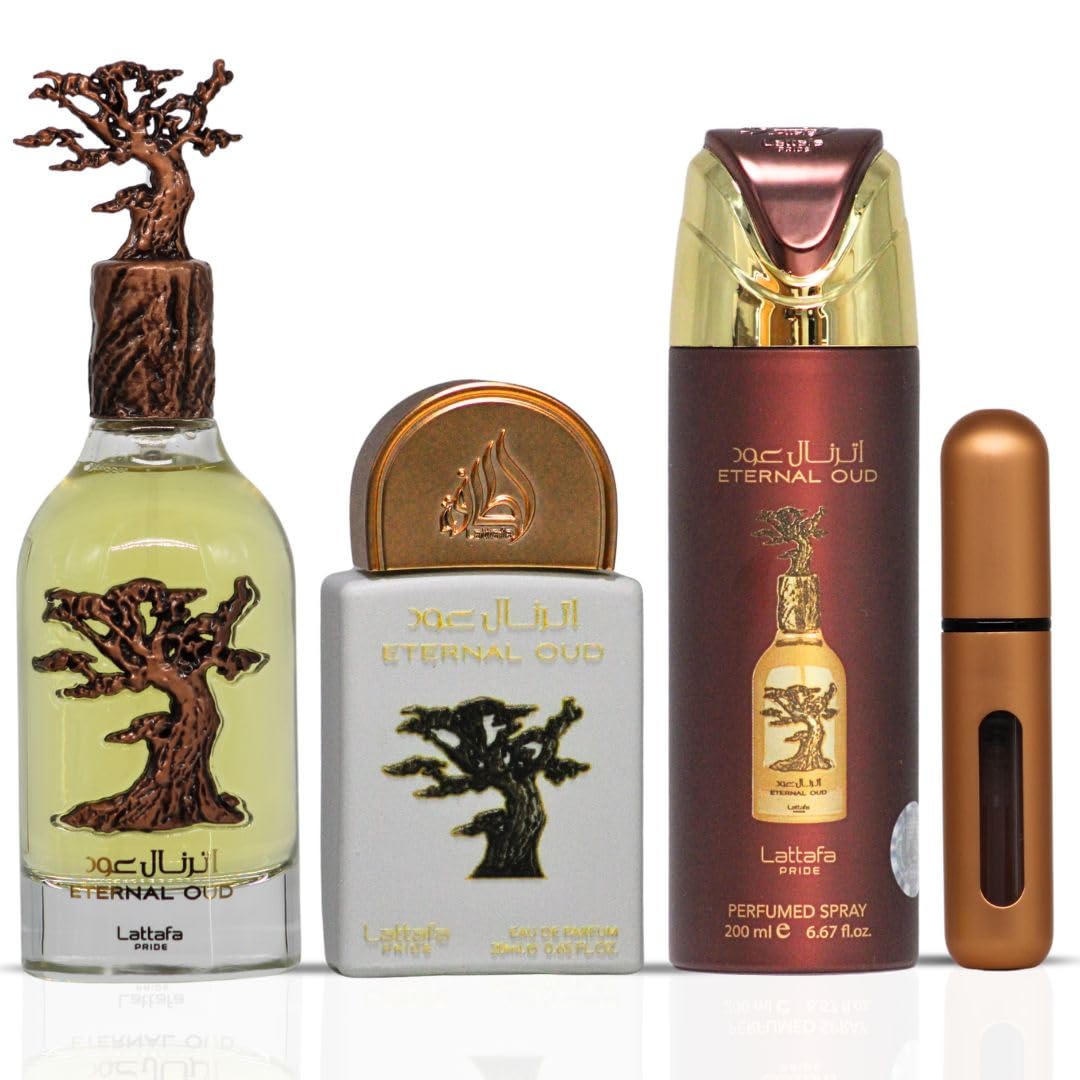 Lattafa Pride Eternal Oud 3-Piece Luxury Perfume Gift Set for Men & Women - Luxe Arabian Perfume | Lush Fruits, Powdery Florals & Smoky Oud | Opulent, Long-Lasting & Unisex Fragrance (Gift Set) - Medaid International