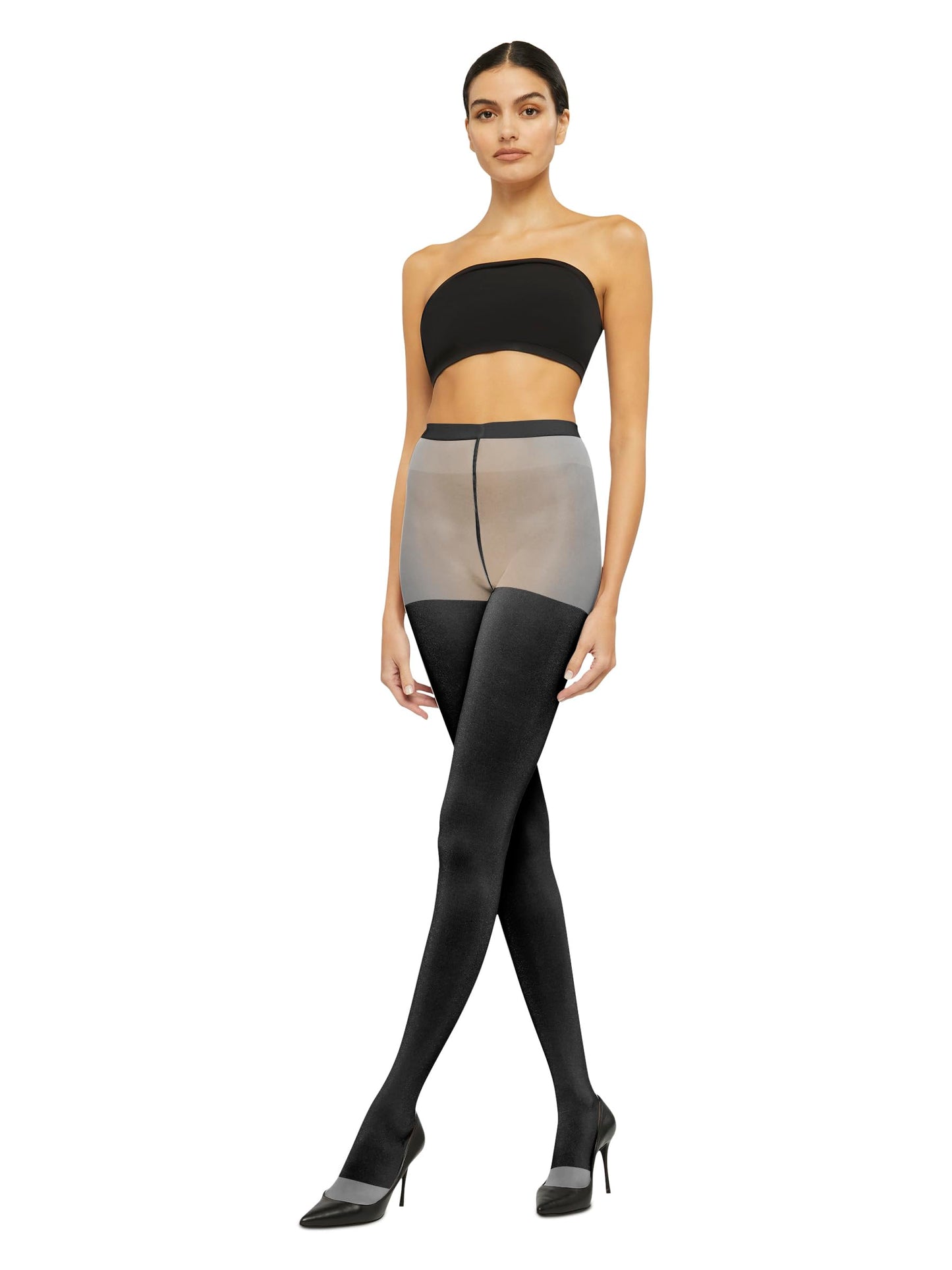 Wolford Shiny Sheer Tights for Women Sensual Stay-Up Effect Opaque Shiny Foil Yarn Signature Circular Knit Soft Waistband, Pewter Grey-Black, Small - Medaid International