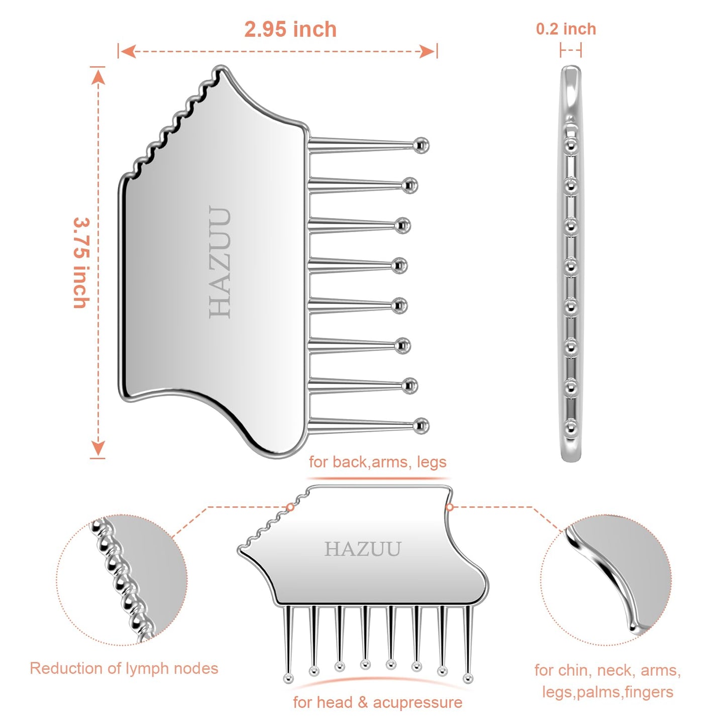 Portable Stainless Steel Scalp Massager - Guasha Scraping Tool for Head, Neck, Shoulders, Legs & Arms - Ideal for Soothing Relief (Comb Shape) - Medaid International