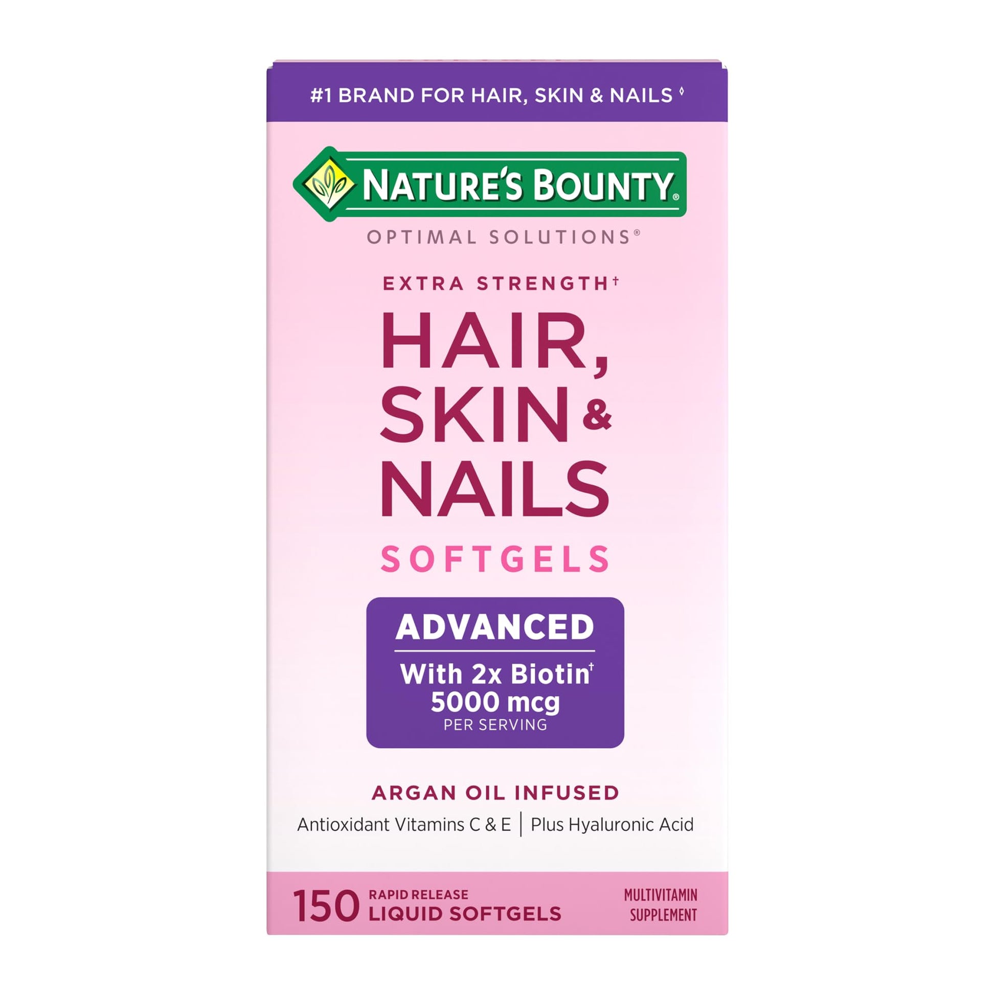 Nature's Bounty Advanced Hair, Skin & Nails, Argan-Infused Vitamin Supplement with Biotin and Hyaluronic Acid, 150 Rapid Release Softgels, 50 Total Servings - Medaid International