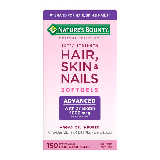 Nature's Bounty Advanced Hair, Skin & Nails, Argan-Infused Vitamin Supplement with Biotin and Hyaluronic Acid, 150 Rapid Release Softgels, 50 Total Servings - Medaid International
