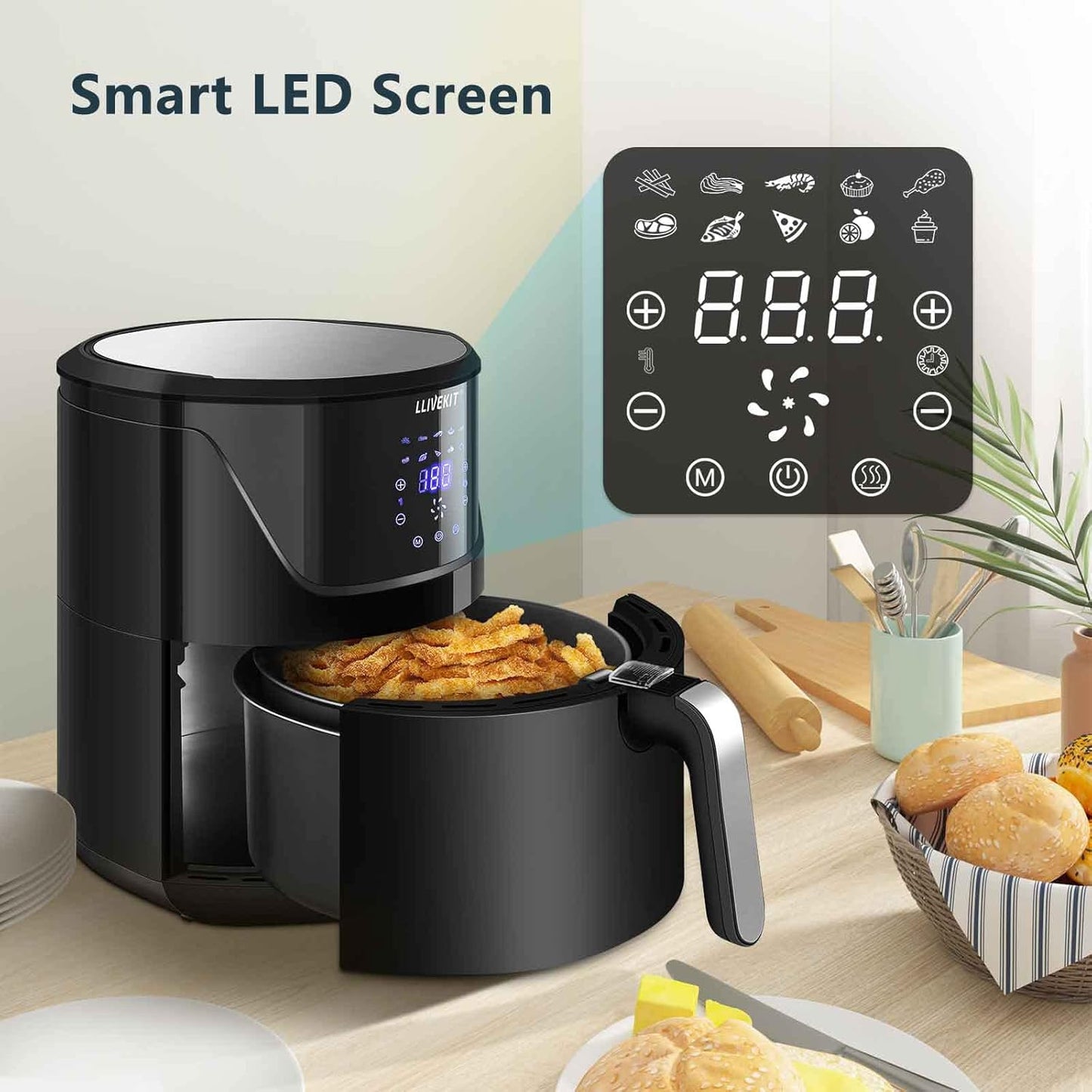 7L Large Air Fryer, 1800W + Digital Touch Screen - Black - Medaid International
