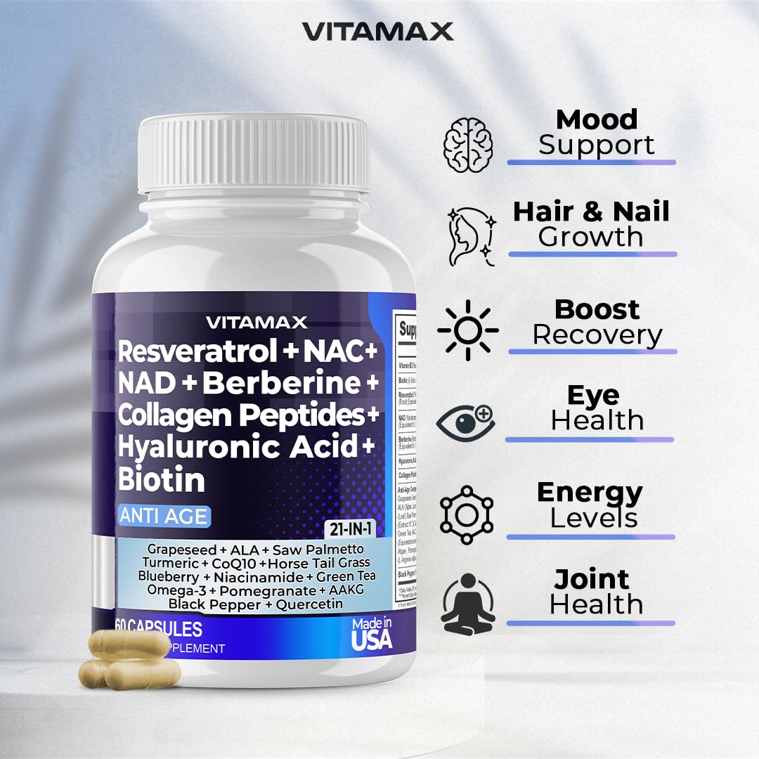Resveratrol NAD+ Berberine Hyaluronic Acid - Biotin Grape & Blueberry + NAC - Collagen Peptides - Hair, Nail, Skin & Joint Supplement - 21-in-1 Women and Men - Made in USA (60 Count (Pack of 1) - Medaid International