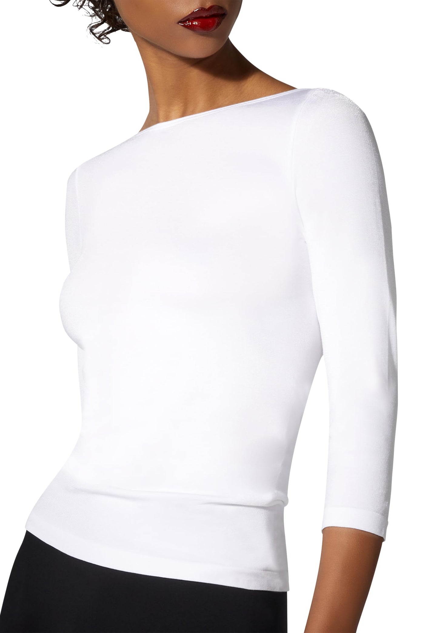 Wolford Cordoba Top Long Sleeves for Women Seamless Slim Fit Boatneck Shiny 3/4-Length Sleeves Soft Cotton Blend Interior White X-Small - Medaid International