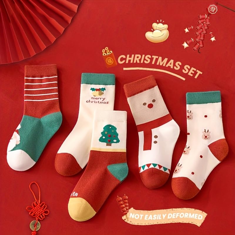 5 Pairs Christmas Socks, Christmas Reindeer Series, Comfortable Unisex Mid-Calf Socks, Cartoon for All Seasons - Medaid International