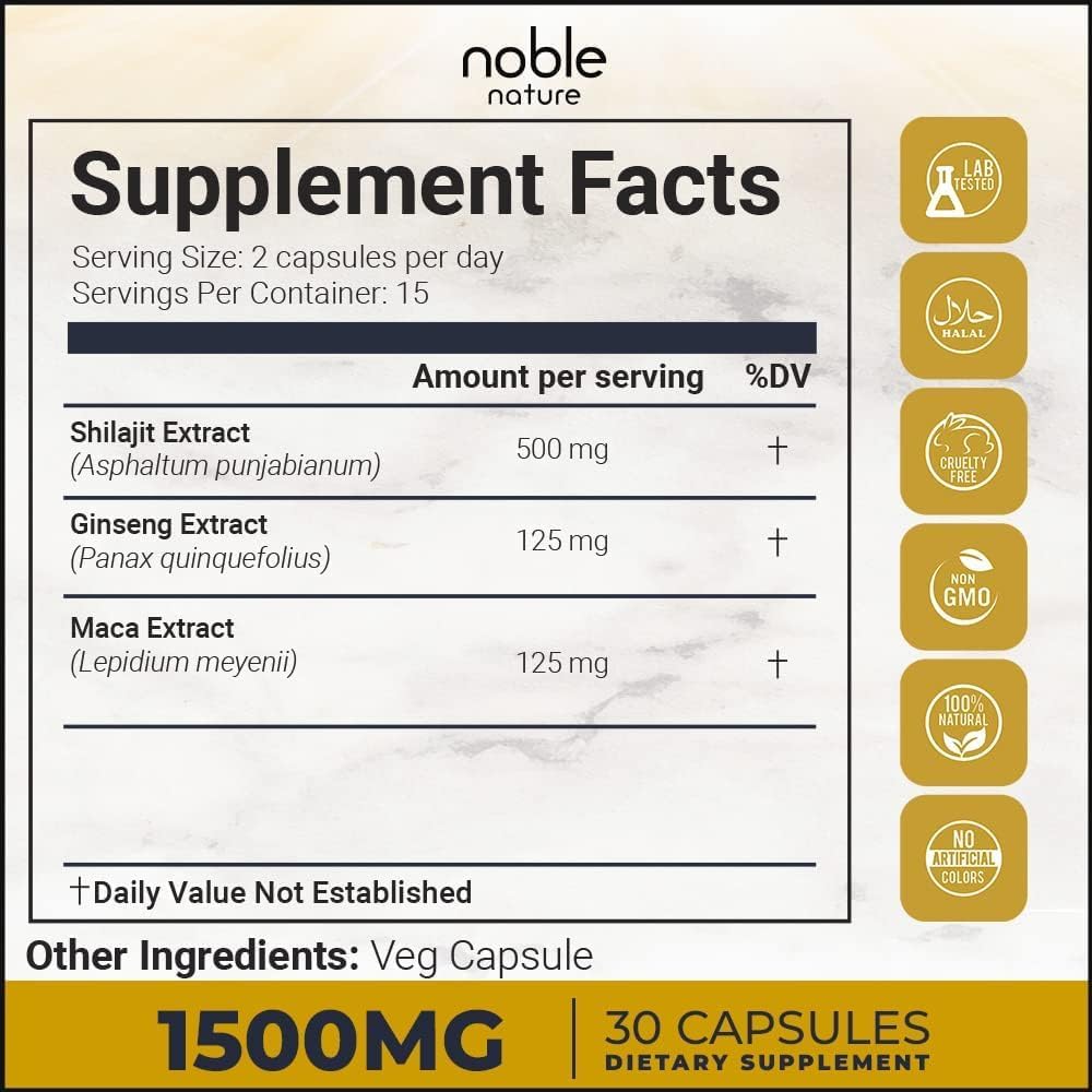 Noble Nature Pure Himalayan Shilajit Extract Capsules with Ginseng and Maca | 1500mg Concentrated Extract Formula - Medaid International