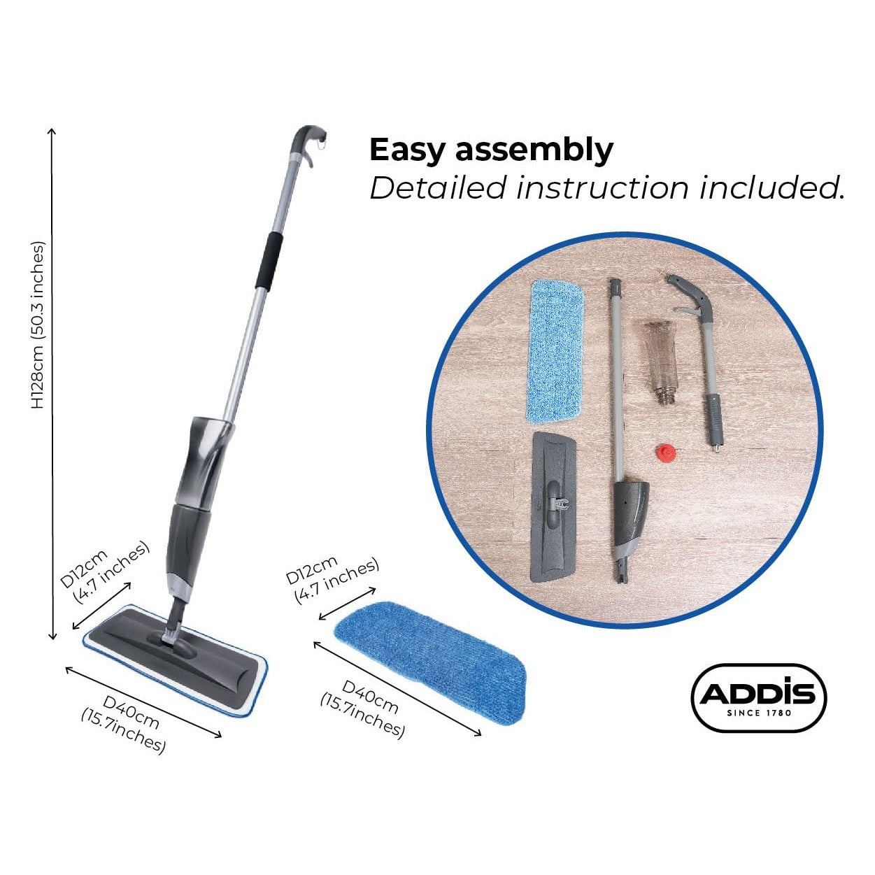 Addis 513619 Spray Mop 2 in 1 with Microfibre Flat Pad Head, Metallic & Blue, 40 x 12 x 128 cm - Medaid International
