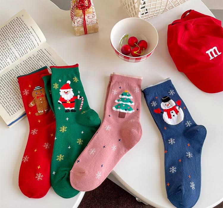 Christmas Themed Mid-Calf Socks – Winter Holiday Cartoon Santa, Snowman, Gingerbread for Women OneSize US 5-10 Sock 4-Sets 12 - Medaid International