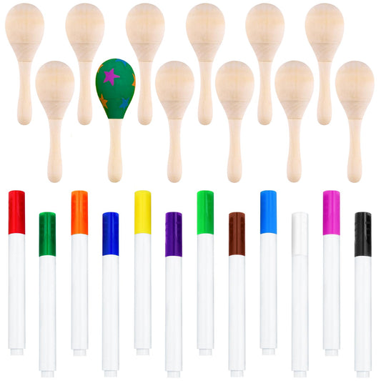 Morcheiong 12Pcs DIY Mini Wooden Maracas for Kids with 12Pcs Multicolor Pens, Fiesta Mexican Maracas Favors, Cinco De Mayo Party Supplies Decorations - Medaid International