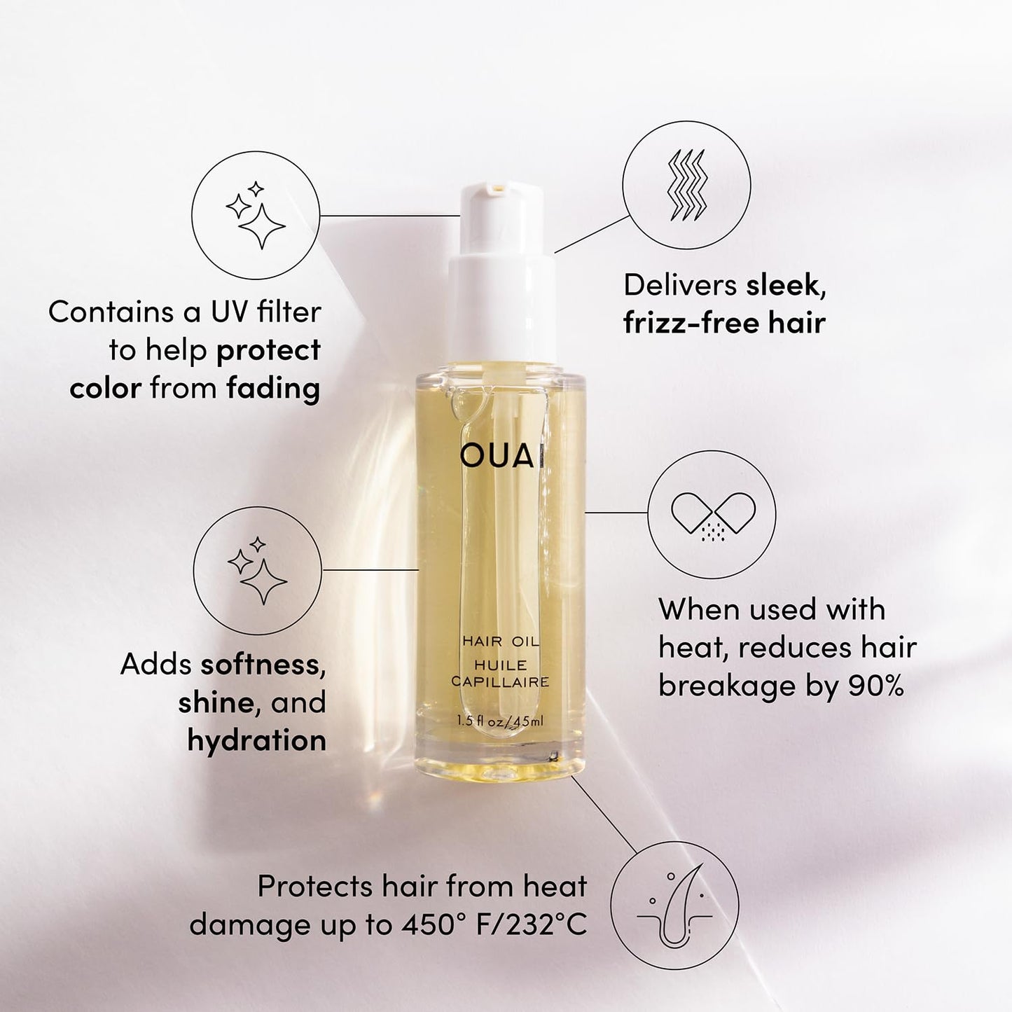 OUAI Hair Oil - Hair Heat Protectant Oil for Frizz Control - Adds Shine and Smooths Split Ends - Color Safe Formula - Paraben, Phthalate and Sulfate Free (1.5 fl oz) - Medaid International