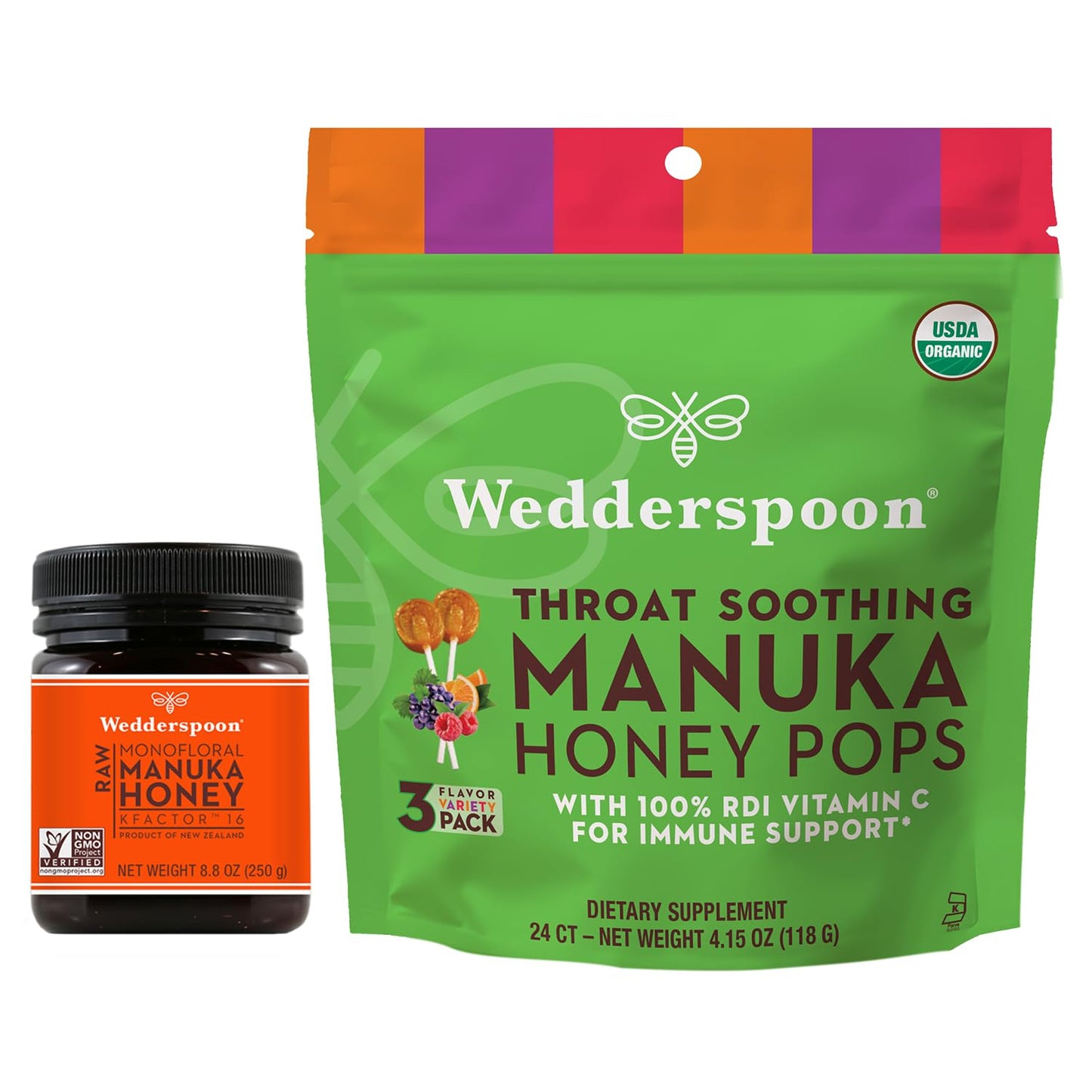 Wedderspoon Raw Premium Manuka Honey KFactor 16 (8.8 Oz, Pack of 1) and Manuka Honey Lollipops Variety Pack (24 Count, Pack of 1) - Genuine New Zealand Honey, Perfect Remedy For Dry Throats - Medaid International