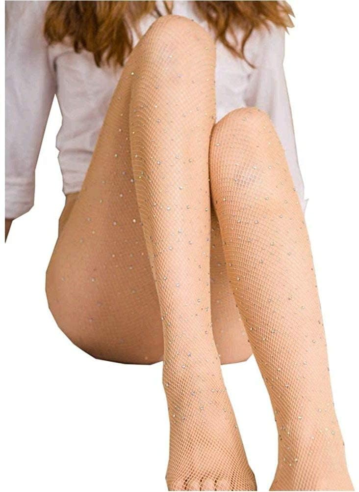 LUCKELF Sexy High Waist Tights Sparkle Rhinestone Fishnets Party Rhinestone Mesh Stockings (Free Size, Natural) - Medaid International