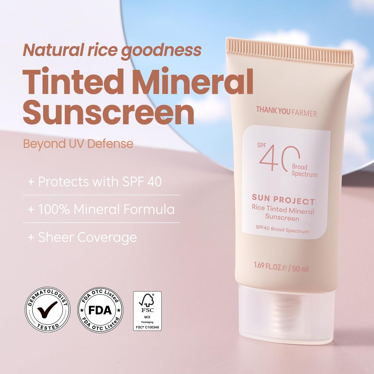 THANKYOU FARMER Sun Project Rice Tinted Mineral Sunscreen SPF40 Broad Spectrum - Korean Face Sunscreen with Zinc Oxide - Tinted SPF with No White Cast, Dermatologist-Tested - 1.69 fl oz - Medaid International