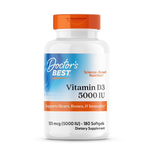 Doctor's Best Vitamin D3 5000IU, Non-GMO, Gluten & Soy Free, Regulates Immune Function, Supports Healthy Bones, White, No Flavour, 180 Count - Medaid International