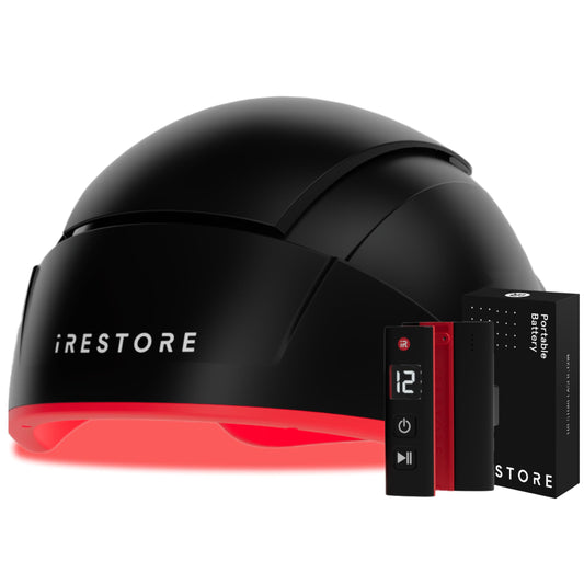 iRestore Elite + Rechargeable Battery Pack - Laser Red Light Therapy for Hair Growth - FDA Cleared Hair Loss, Hair Thinning Treatment for Men & Women - Hair Regrowth Laser Cap - 500 Lasers & LEDs - Medaid International