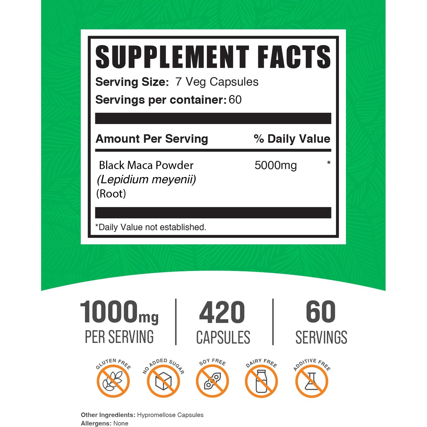 BulkSupplements.com Black Maca Root Capsules - Black Maca Supplement, Black Maca Root 5000mg, Black Maca Capsules - Gluten Free, 7 Capsules per Serving 420 Veg Capsules (Pack of 1) - Medaid International