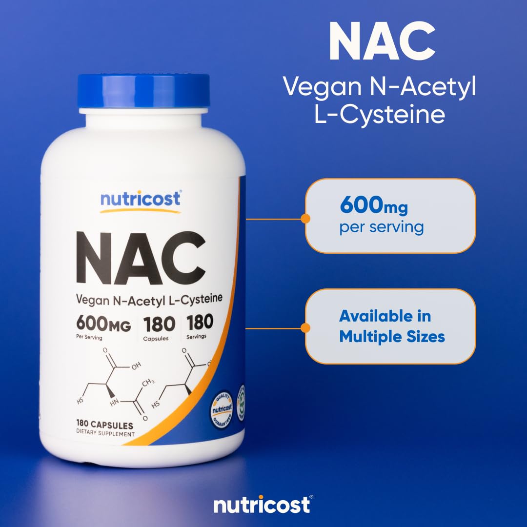 Nutricost N-Acetyl L-Cysteine (NAC) 600mg, 180 Capsules - Non-GMO, Gluten Free - Medaid International