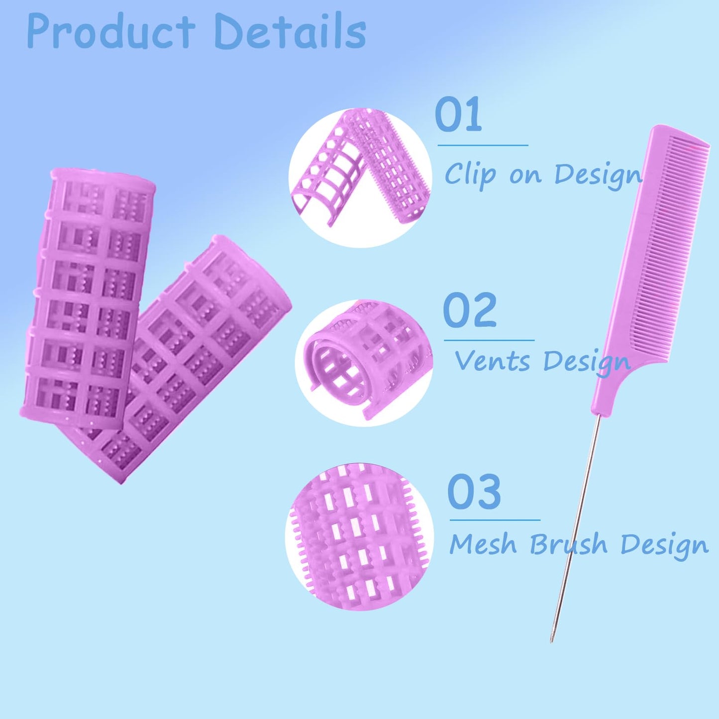 MOODKEY 20PCS Plastic Hair Rollers Set 2.5cm/1in Heatless Rollers Hair Curlers Snap on Rollers Self Grip Rollers Hairdressing Curlers Tools for DIY Hairdressing Hair Salon (Purple) - Medaid International