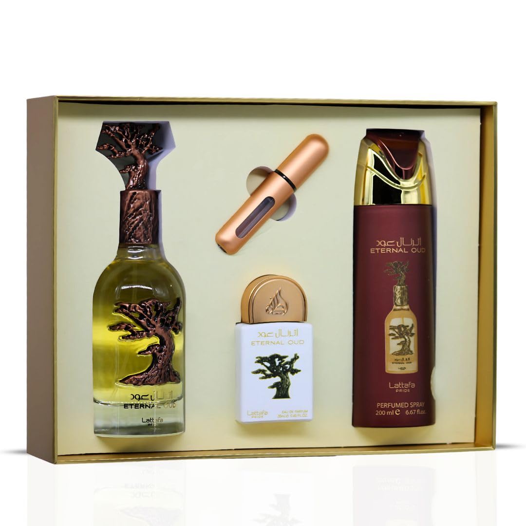Lattafa Pride Eternal Oud 3-Piece Luxury Perfume Gift Set for Men & Women - Luxe Arabian Perfume | Lush Fruits, Powdery Florals & Smoky Oud | Opulent, Long-Lasting & Unisex Fragrance (Gift Set) - Medaid International