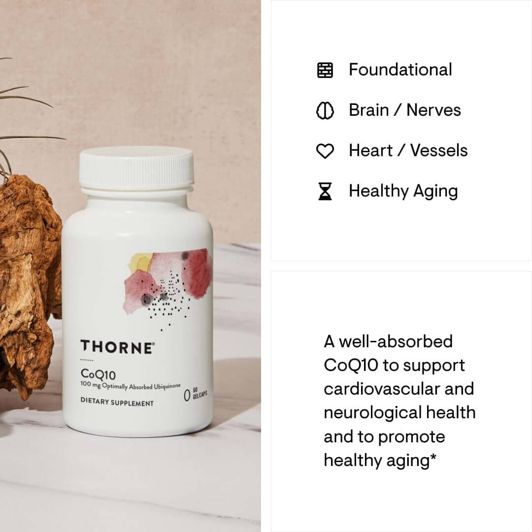THORNE - CoQ10 (Formerly Q-Best 100) - 100mg Optimally Absorbed Ubiquinone - Gluten-Free Dietary Supplement Support for Heart Health & Brain Function* - 60 Gelcaps - Medaid International