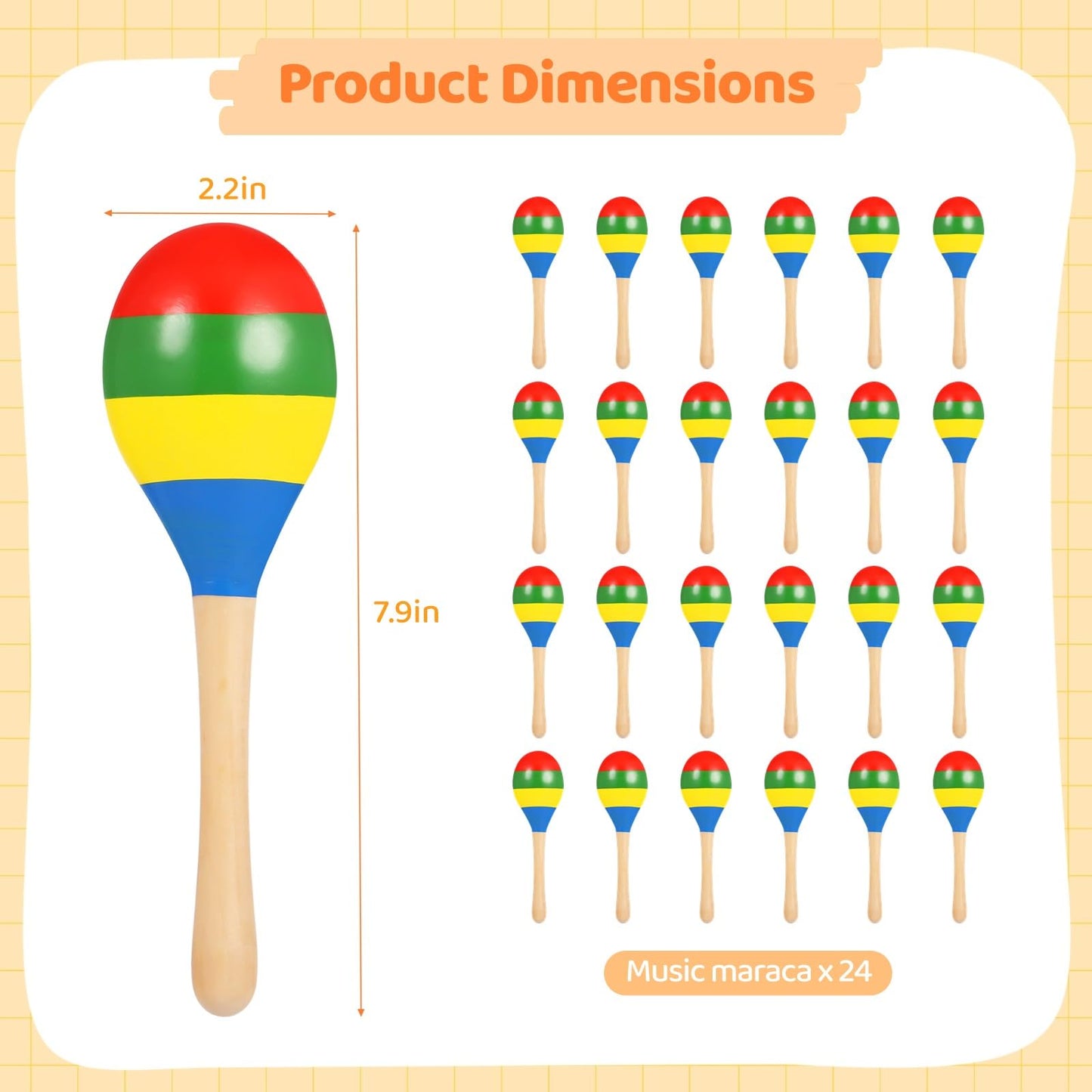 24 PCS Maracas for Adults - 7.9 Inches Multi-Colored Wooden Maracas, Lightweight Design Noisemaker Musical Fun Party Favor for Adult Mexican Party Props Birthday Carnival - Medaid International