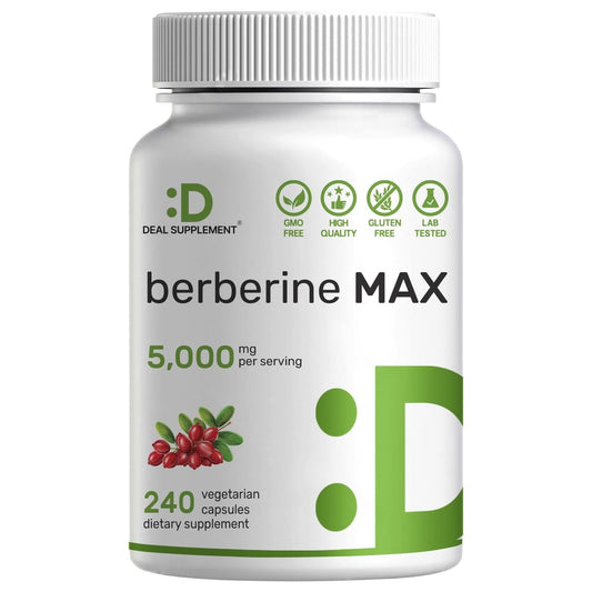 DEAL SUPPLEMENT Berberine Max Supplement with Turmeric, 5,000mg Per Serving, 240 Veggie Capsules – 97% Pure Berberine HCL – 25:1 Root Extract – Vegetarian Friendly, Non-GMO - Medaid International