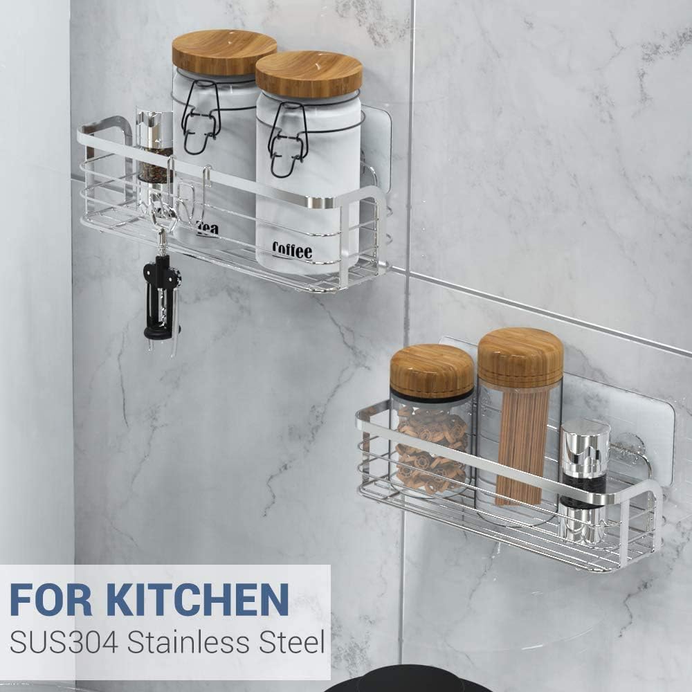 Avoalre Shower Shelf Adhesive With Hook Rustproof Shower Caddy Bathroom Shower Organiser Storage Basket Wall Mounted Stainless Steel SUS304 Shower Storage No Drilling Silver - 2 Pack - Medaid International