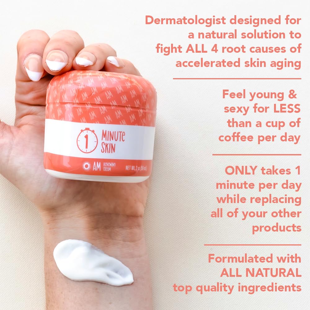 1 MINUTE SKIN AM Collagen Eye and Face Cream w/Zinc Oxide Sunscreen - Anti-Aging Lift - First All Natural Recipe to aid Glow, Renewal & Moisturize - Advanced Beauty Serum - 2 Oz (59 ml) - Medaid International