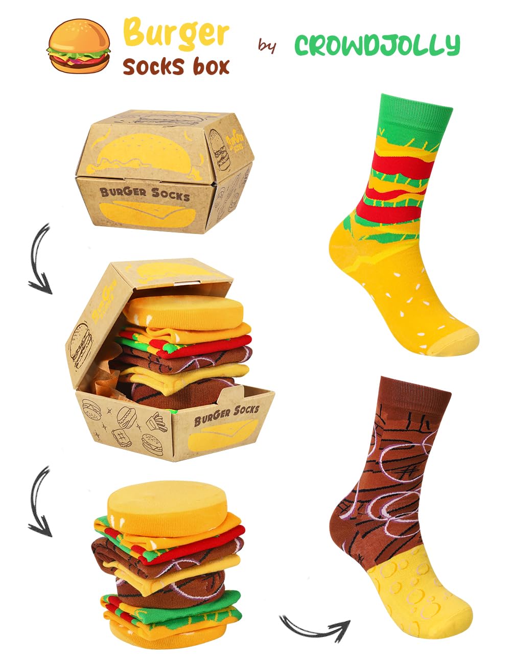 Funny Burger Socks Box for Men Teen Boys Dad Women - Fun Crazy Novelty Cool Silly Hamburger Funky Food Socks Gifts - Unique Gag Gift Ideas for Mens Birthday Father Day Christmas Stocking Stuffers - Medaid International