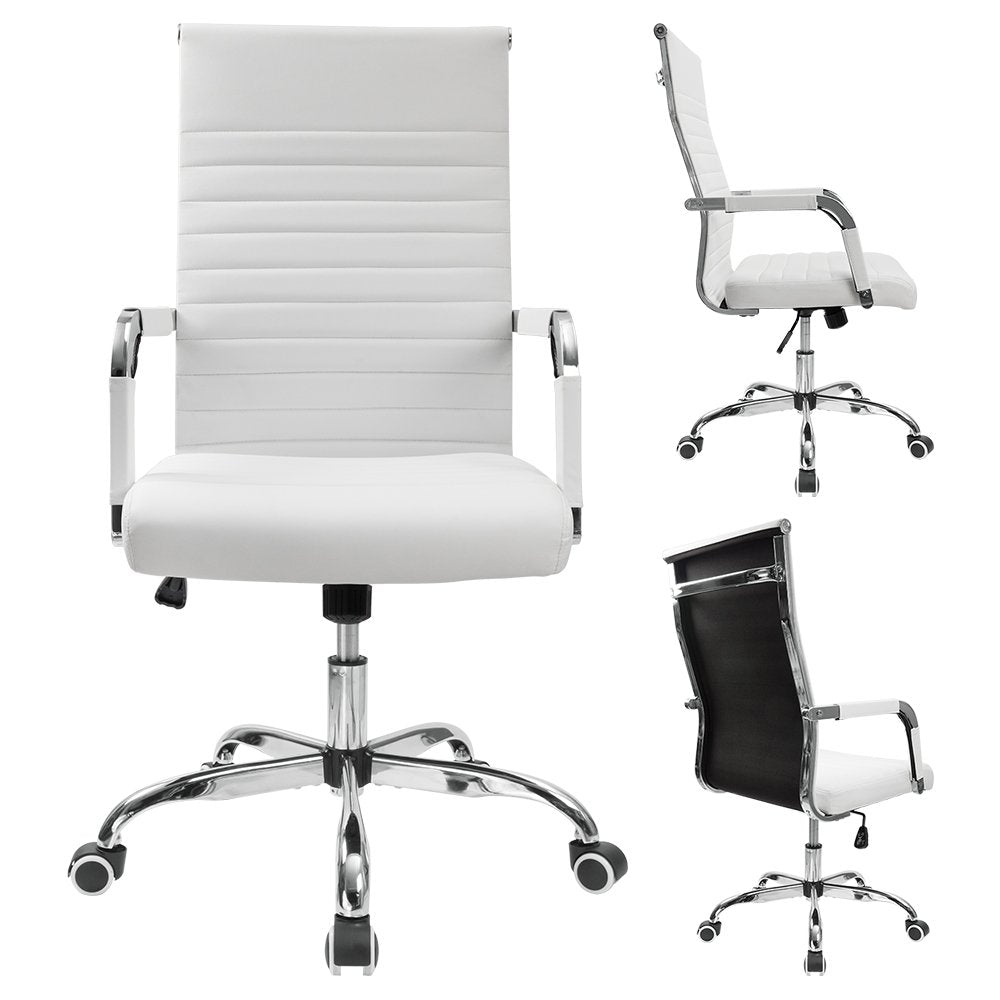 Furmax Ribbed Office Desk Chair Mid-Back PU Leather Executive Conference Task Chair Adjustable Swivel Chair with Arms (White) - Medaid International
