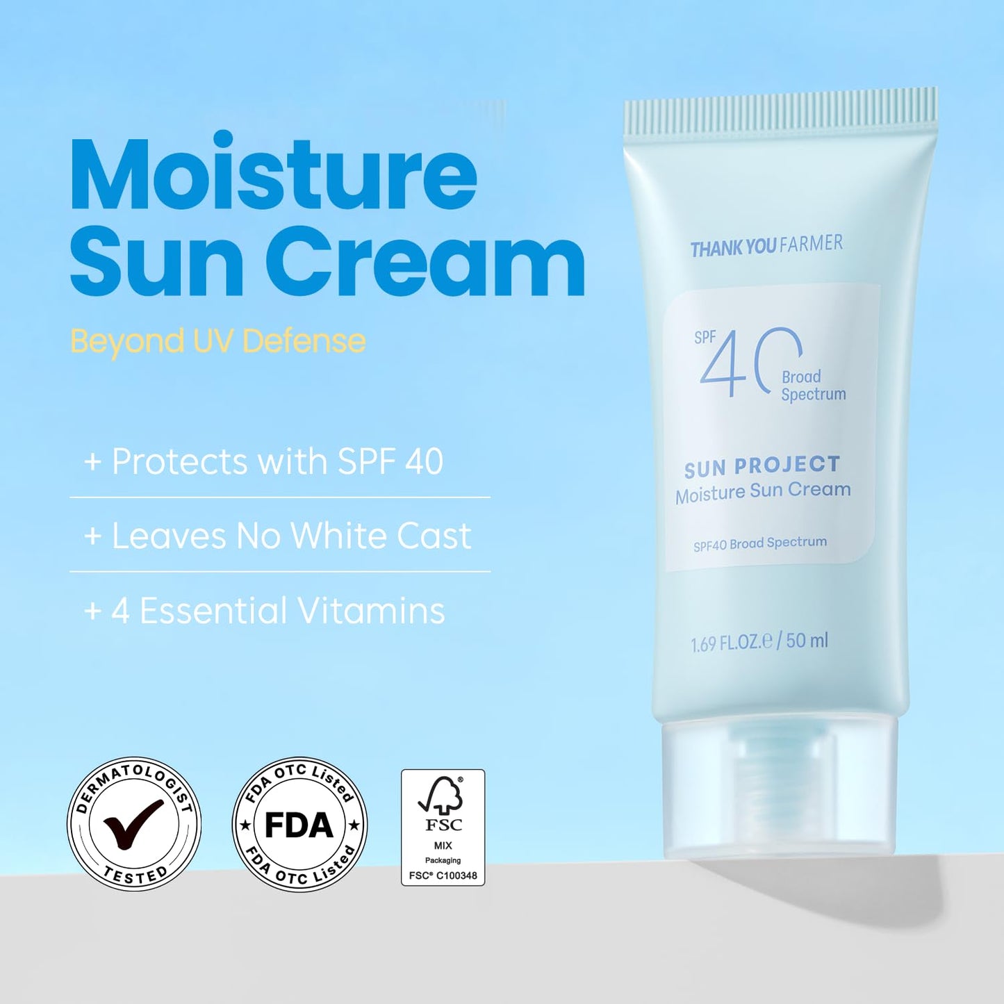 THANKYOU FARMER Sun Project Moisture Sun Cream SPF 40 - Korean Sunscreen with Panthenol - Fragrance Free, Broad Spectrum, Dermatologist Tested, Moisturizing, No White Cast 1.69 fl oz - Medaid International