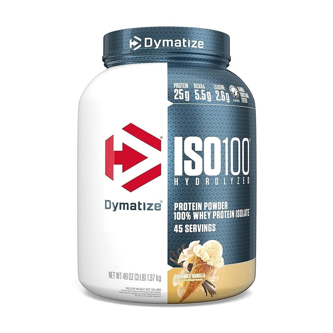 Dymatize ISO100 Whey Protein Powder Isolate, Vanilla, 25g of Protein, 3 Pound, 5.5g BCAAs, Less Than 120 Cal., Gluten Free, 1g Fat, 1g Sugar, 2g Carb (45 Servings) - Medaid International