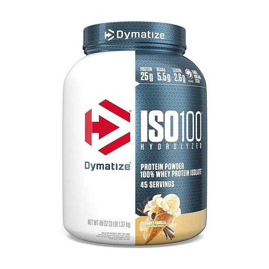 Dymatize ISO100 Whey Protein Powder Isolate, Vanilla, 25g of Protein, 3 Pound, 5.5g BCAAs, Less Than 120 Cal., Gluten Free, 1g Fat, 1g Sugar, 2g Carb (45 Servings) - Medaid International