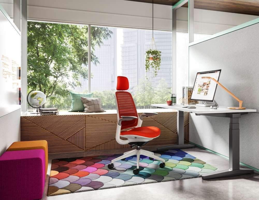 Steelcase Series 1 Office Task Chair with Headrest Black Frame 3D Microknit Back 4-Way Adjustable Arms Carpet Casters and Blue Jay 5S21 Cogent Connect Upholstery - Medaid International