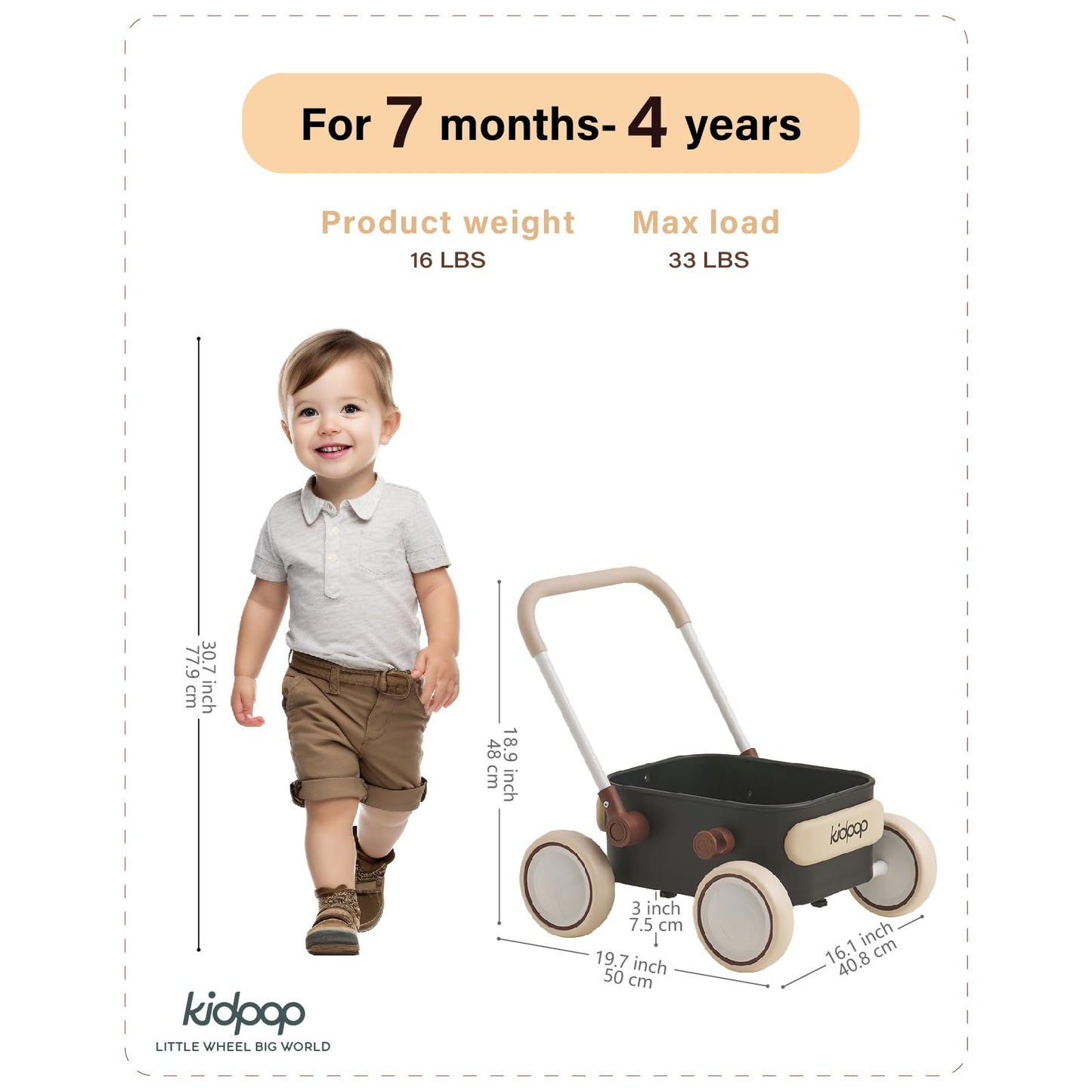 PULA Baby Push Walker with Wheels Toddler Wagon for First Learner Baby Toys 6-12 Months, 1 Year Old Birthday Gifts, Indoors and Outdoors (Black) - Medaid International