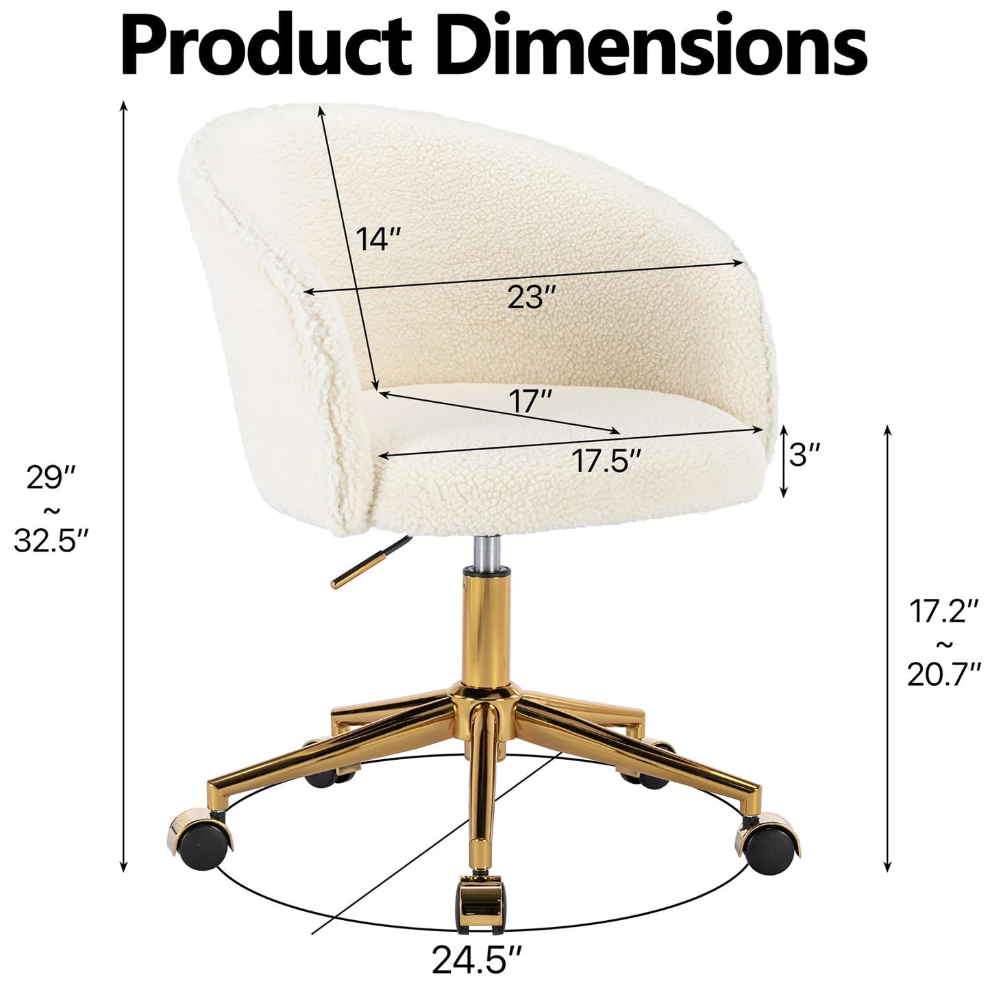 Nahenduo Cute Vanity Chair with Back, Teddy Velvet Desk Chair with Wheels and Gold Legs, Modern Makeup Chairs for Vanity Bedroom Office, Adjustable High 360 Swivel (Teddy White) - Medaid International