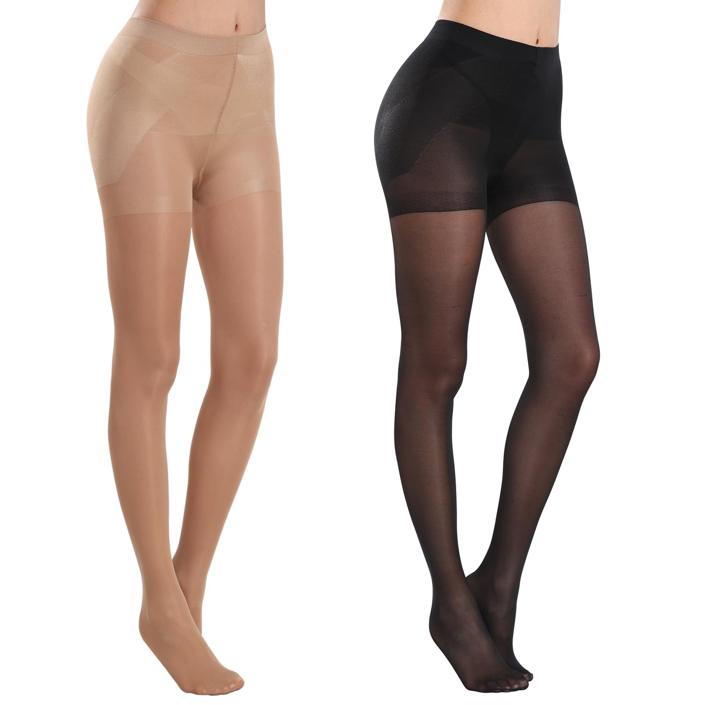 MANZI 2 Pairs Women's Sheer Tights 40D High Waist Control Top Pantyhose Thigh High Stockings Black Natural Nude Large - Medaid International