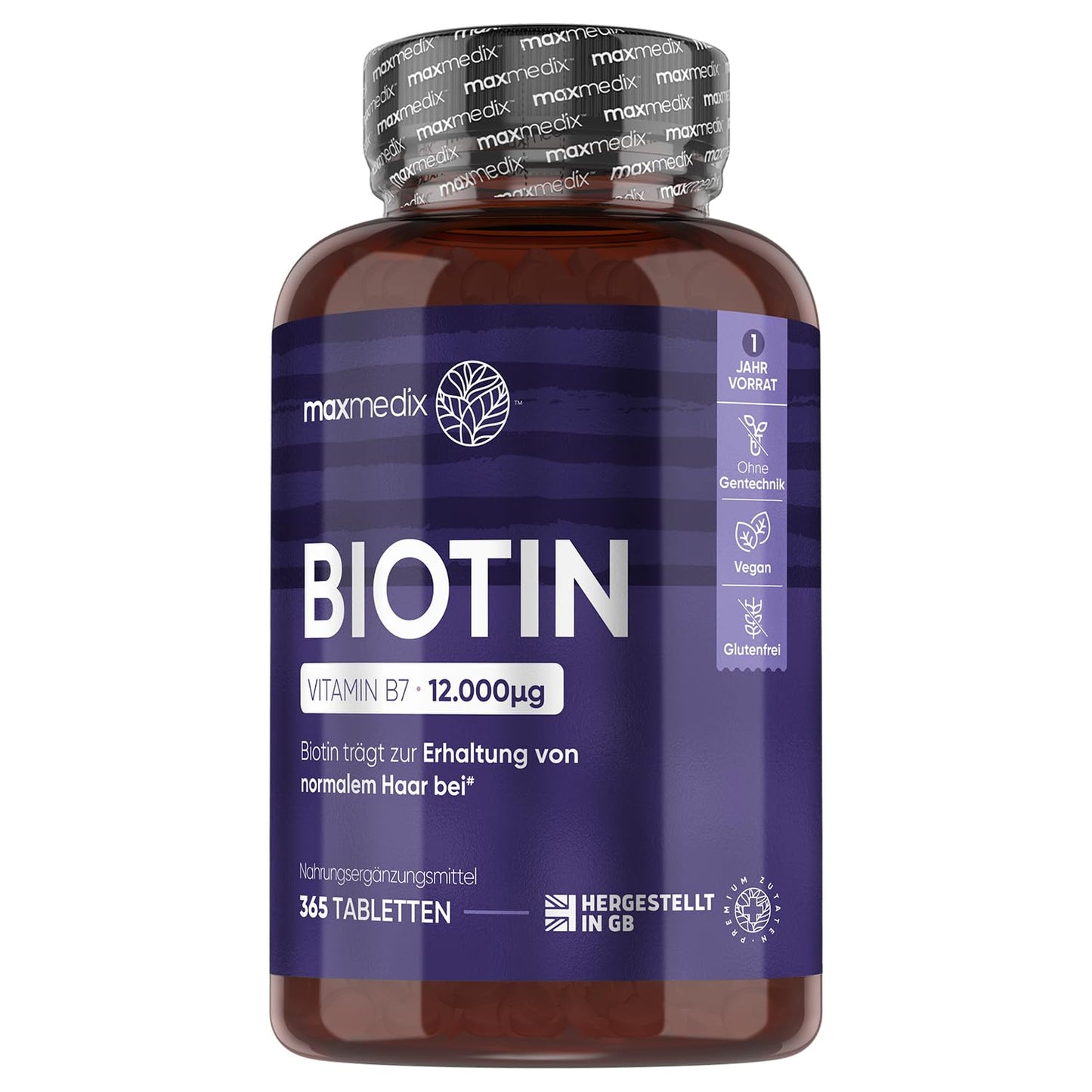 Biotin Hair Growth Tablets - 12,000mcg - 365 Biotin Tablets (1 Year Supply) - Biotin Supplement for Hair Growth, Nails & Skin, Hair Loss Treatment for Women & Men, Best Vitamin B7 Beauty Supplement - Medaid International