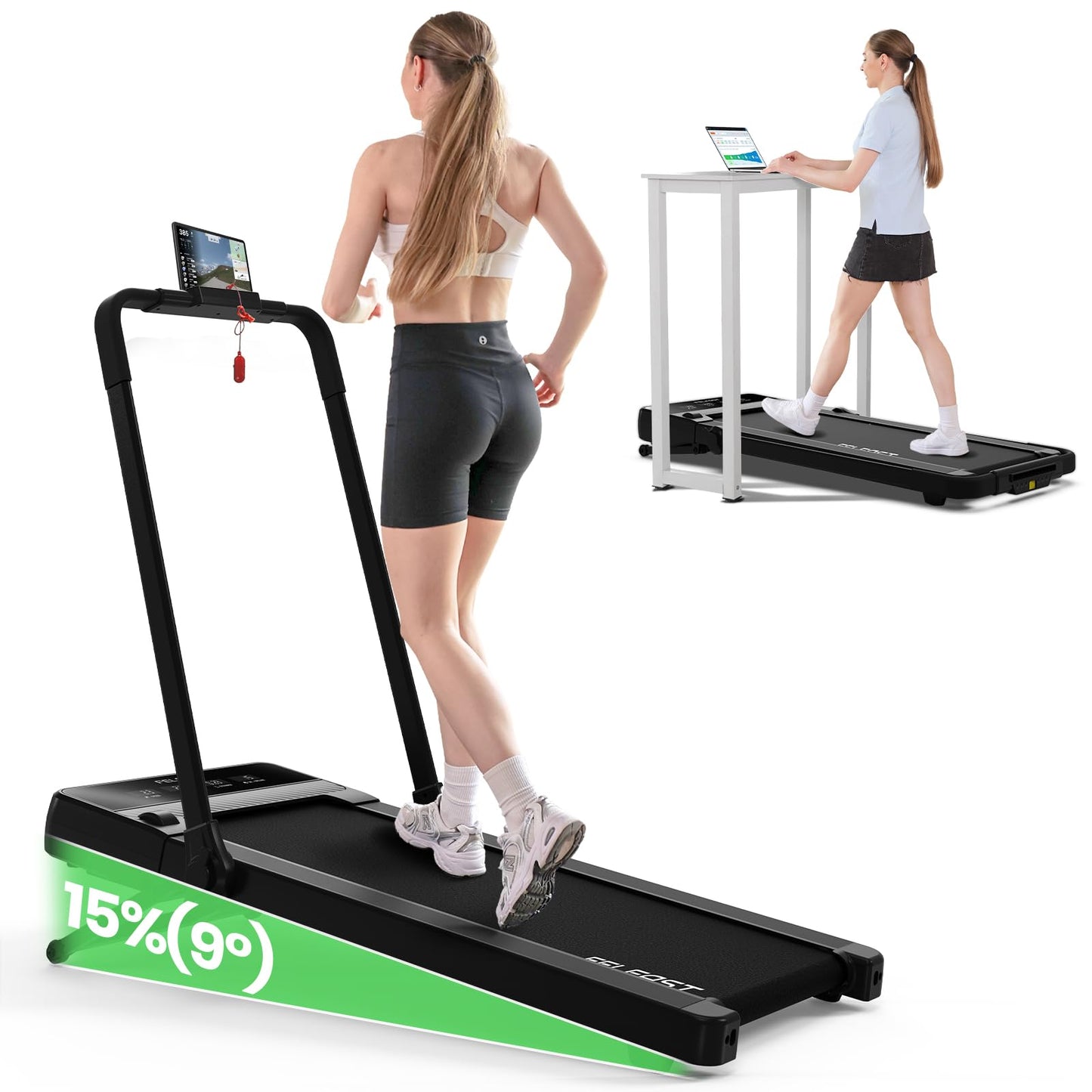 FelFast Walking Pad Treadmill with 15% 9° 8 Level Auto Incline, 2-in-1 Under Desk Foldable w/Remote Control, 12 HIIT Mode, 450 Lbs Max, 7.6 MPH Max, Portable Mini Treadmill for Office Home - Medaid International