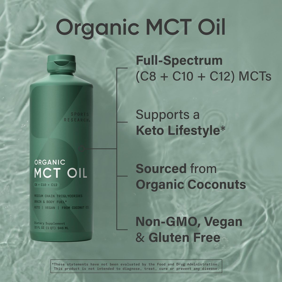 Sports Research Organic MCT Oil - Keto & Vegan MCTs C8, C10, C12 from Coconuts - Fatty Acid Brain & Body Fuel, Non-GMO & Gluten Free - Flavorless Oil, Perfect in Coffee, Tea & Protein Shakes - 32 oz - Medaid International