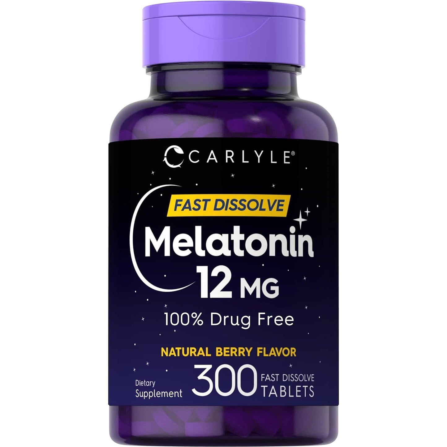 Carlyle Melatonin 12 mg Fast Dissolve 300 Tablets | Drug Free | Natural Berry Flavor | Vegetarian, Non-GMO, Gluten Free - Medaid International