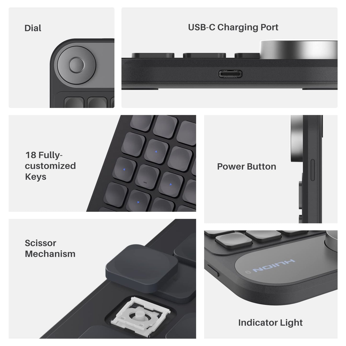 HUION Keydial Mini Bluetooth Programmable Keypad with Dial 5 Keys Anti-ghosting 18 Customized Keys, Wireless Shortcut Keyboard for Drawing Tablet, PC, MacBook, Surface Pro, Laptops - Medaid International