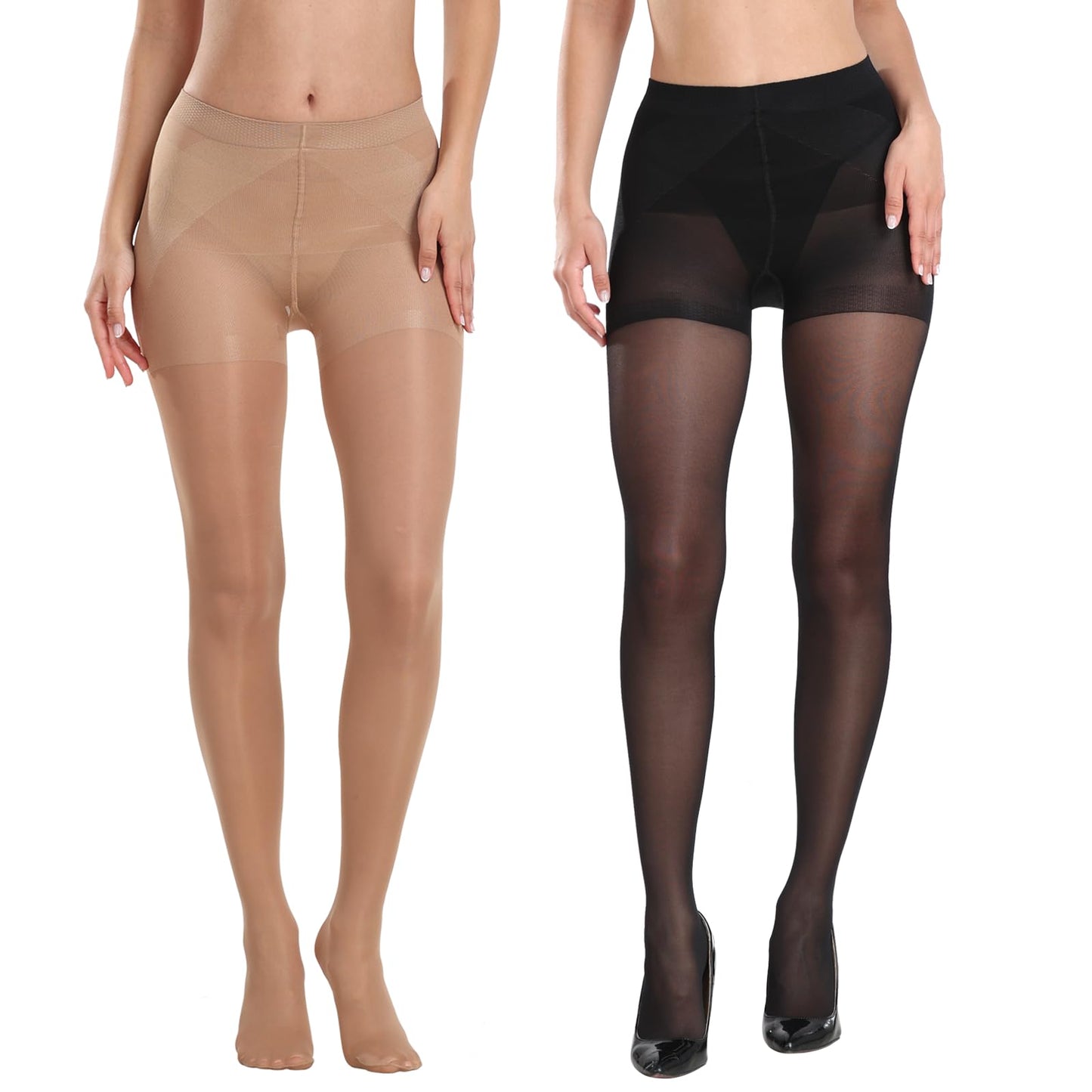 MANZI 2 Pairs Women's Sheer Tights 40D High Waist Control Top Pantyhose Thigh High Stockings Black Natural Nude Large - Medaid International