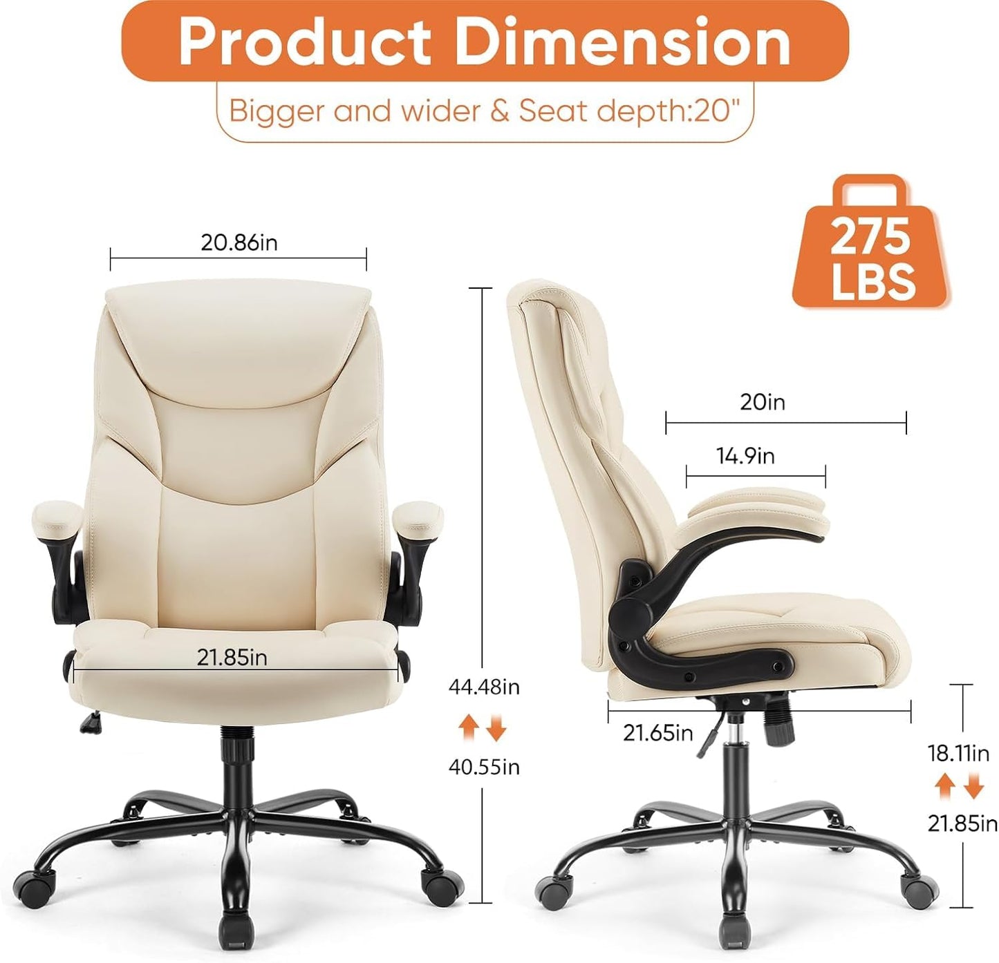 Sweetcrispy Ergonomic Office Chair Heavy Duty Task Desk Chair with Flip-up Arms, PU Leather, Adjustable Swivel Rolling Chair with Wheels, Beige - Medaid International
