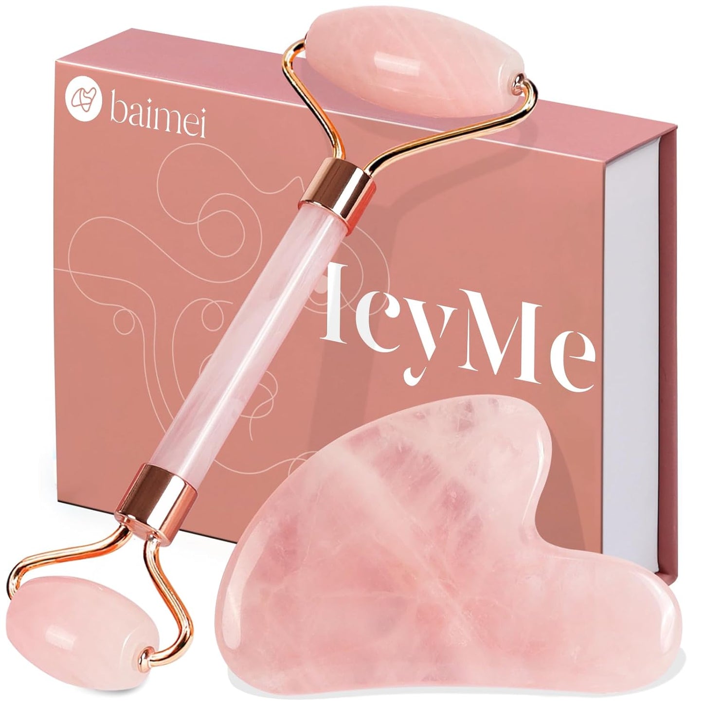 BAIMEI IcyMe Jade Roller & Gua Sha, Face Roller Redness Reducing Skin Care Tools, Self Care Pink Gift for Men Women, Massager for Face, Eyes, Neck, Relieve Fine Lines and Wrinkles - Rose Quartz - Medaid