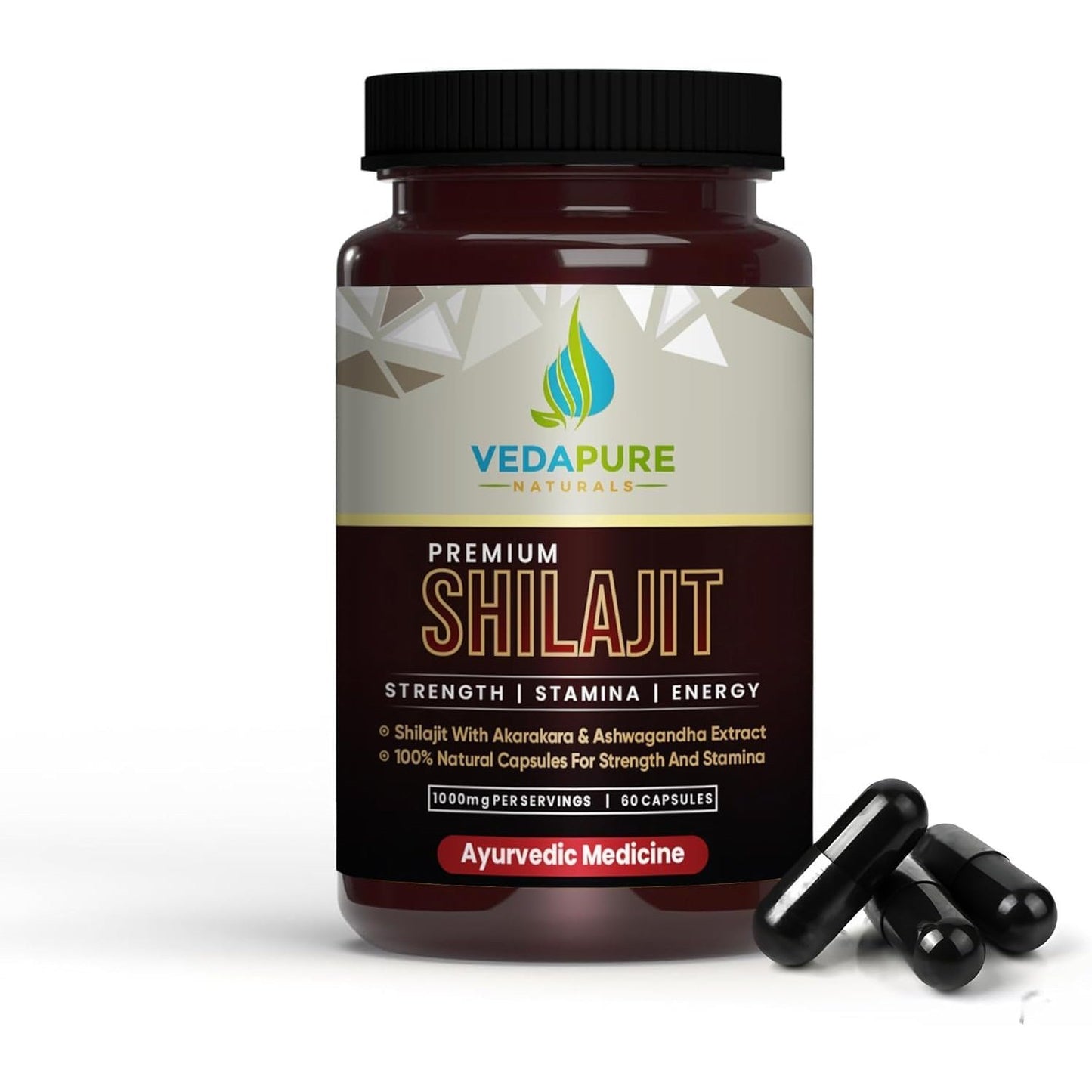 Vedapure Natural Shilajit/Shilajeet with Safed Musli & Ashwagandha Extracts - 1000mg 60 Capsules - Medaid International