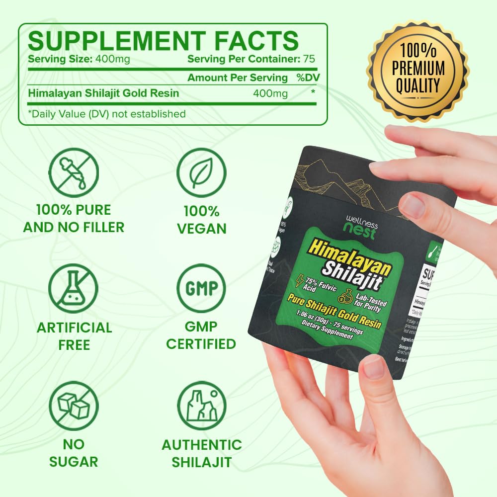 Wellness Nest Gold Grade Pure Himalayan Shilajit Resin: Ultimate Potency for Men & Women - 24k Gold, 75%+ Fulvic Acid, Lab Test Report Included - 30g (1 Pack), 75 Servings - Medaid International